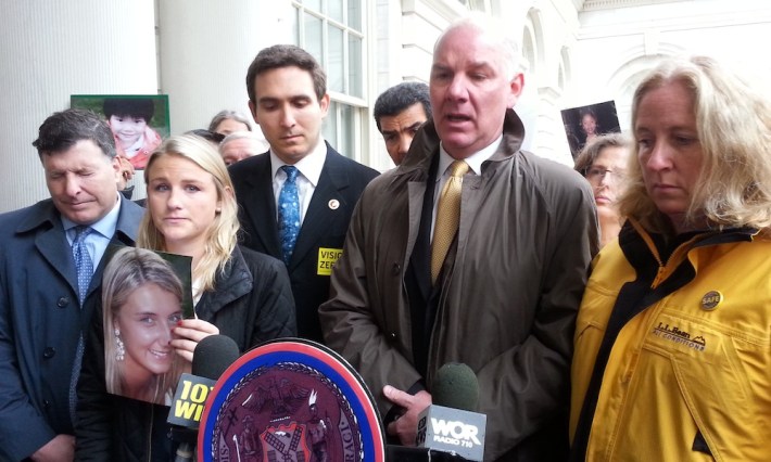 The family of Kelly Gordon, killed on York Avenue three weeks ago, joined council members and other victims' families outside City Hall today. Photo: Stephen Miller