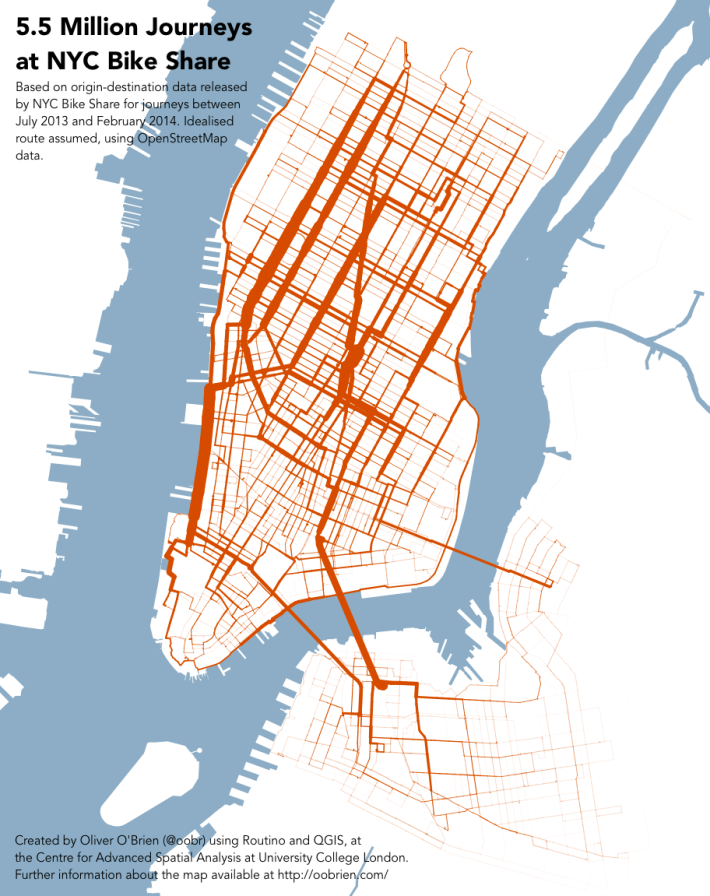 A new map shows likely routes taken by Citi Bike riders. Map: Oliver O'Brien