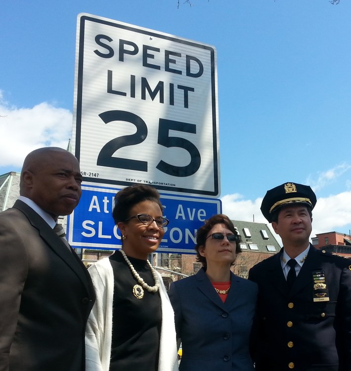 Brooklyn Borough President Eric Adams, Council Member Laurie Cumbo, Transportation Commissioner Polly Trottenberg, and NYPD Chief of Transportation Thomas Chan at today's announcement. Photo: Stephen Miller