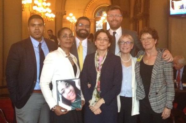 From left, Greg Thompson, Joy Clarke, DOT's Juan Martinez, Transportation Commissioner Polly Trottenberg, Aaron Charlop-Powers, Mary Beth Kelly, and Ellen Foote in Albany yesterday on a Families for Safe Streets visit to legislators. Photo: Families for Safe Streets/Twitter