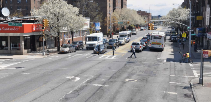 DOT is proposing nine new pedestrian islands on Northern Boulevard in Jackson Heights, including a few with left-turn bans. Photo: DOT