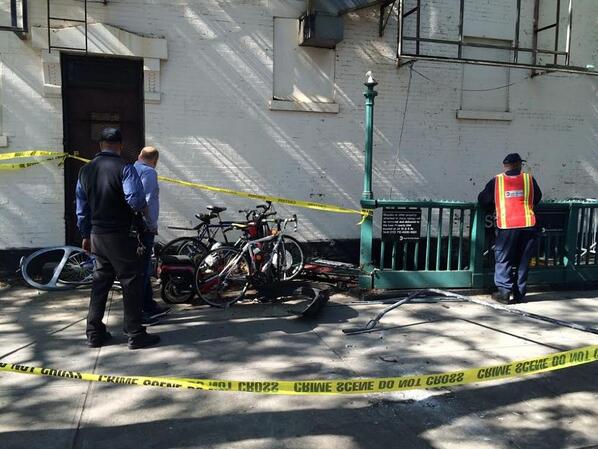 A driver jumped a curb on Bergen Street at 6th Avenue in Brooklyn, knocking over bike racks and damaging a subway entrance. Photo: ##https://twitter.com/BrooklynSpoke/status/468401748273807360/photo/1##@BrooklynSpoke