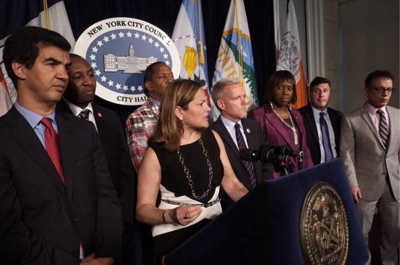 Council Speaker Melissa Mark-Viverito and other reps before today's meeting. Photo: ##https://twitter.com/willalatriste/status/472067061028777984##@willalatriste##