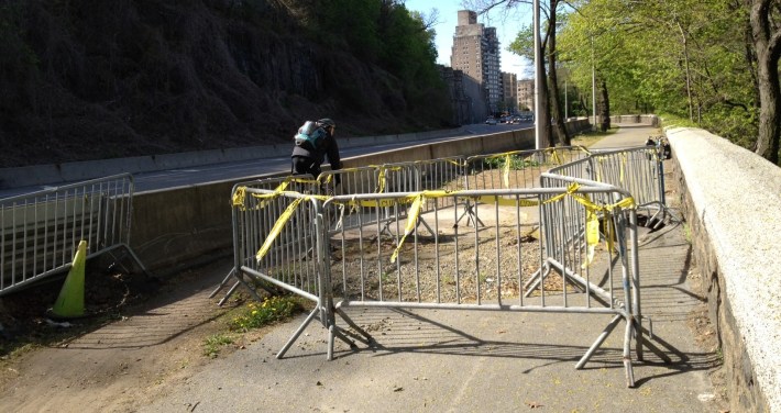 Hudson River Greenway users north of 181st Street can get by on the grass shoulder, but the sinkhole is expanding.