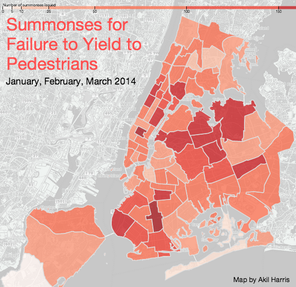 Data on moving violations remains stuck in the old format and can only be mapped by precinct. Map: NYC Moving Violations