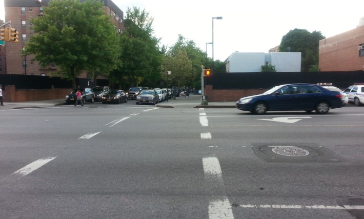 The crosswalk where Chunli Mendoza, age 5, and her mother were injured by an off-duty NYPD officer on Tuesday. Photo: Stephen Miller