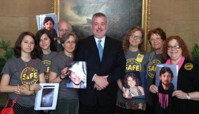 Members of Families for Safe Streets meet with Assembly Member Daniel O'Donnell, the sponsor of 25 mph legislation in the Assembly. The Senate could vote on the bill tonight. Photo: Families for Safe Streets/Twitter