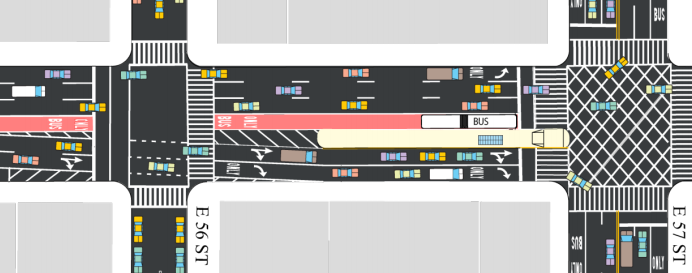 A new pedestrian island in the middle of Third Avenue at 57th Street would double as a bus stop. Image: DOT