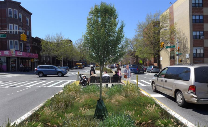 Concrete pedestrian islands on Fourth Avenue in Sunset Park just received millions in state funding, but advocates question if too many other projects are missing out. Image: NYC DOT