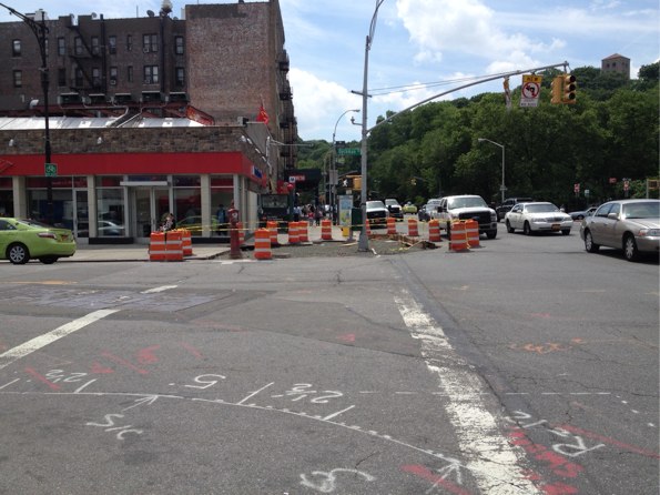 Opposite corner, looking south, where another curb extension is planned. Left turns from southbound Broadway onto Dyckman are also restricted, reducing conflicts between pedestrians and drivers.