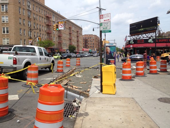 Shorter crossing distances are coming at Broadway, Dyckman Street, and Riverside Drive. Note the new left turn restriction for drivers traveling north on Broadway. Photos: Brad Aaron