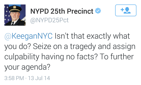 This tweet about traffic safety advocates from Captain Thomas C. Harnisch, commanding officer of East Harlem's 25th Precinct, was deleted yesterday after Harnisch first tweeted from his personal account.