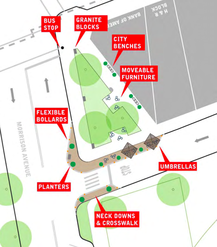 The plan would start with curb extensions and plaza upgrades. The local group behind the plan hopes for a full plaza eventually. Image: DOT