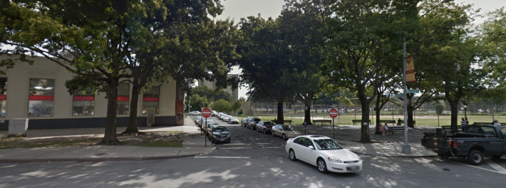 Today, Harrod Place separates a green triangle from a busy park. A local group hopes to convert it to a plaza. Photo: Google Maps