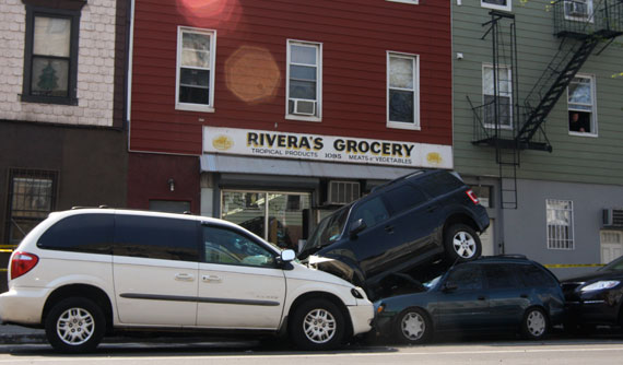 The aftermath of the police chase that killed Violetta Krzyzak, which NYPD said didn’t happen. Photo: Graham T. Beck