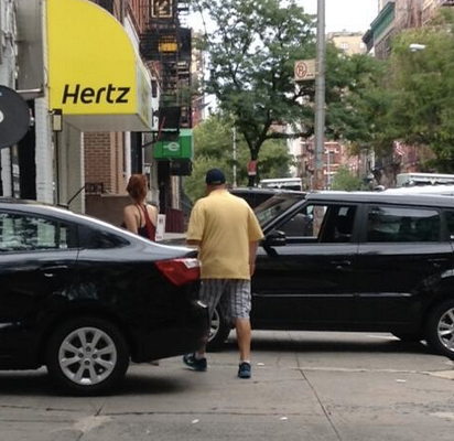 Another persistent violator: car rental outlets and garages on W. 83rd Street in Manhattan, which ##https://twitter.com/kencoughlin/status/485457059551260672/photo/1##Ken Coughlin## describes as an “incessant pedestrian slalom.”