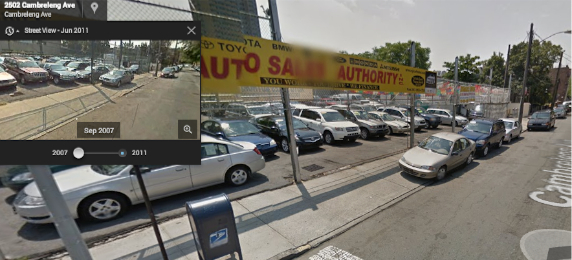 Per ##https://twitter.com/urbanresidue/status/486653899160293376##@urbanresidue##, NYPD says no action is necessary on Cambreleng Avenue in the Bronx, where car dealers have commandeered the sidewalk for years. Image: Google Maps