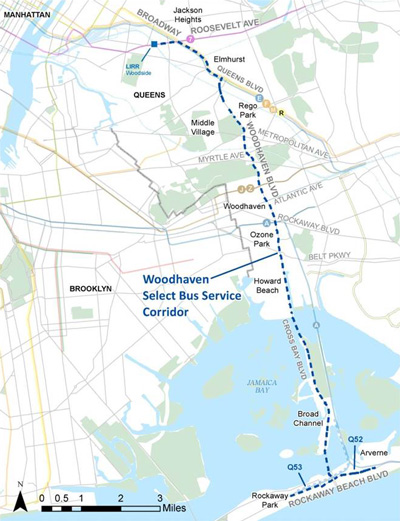 The Woodhaven/Cross Bay project could transform about 14 miles of a major bus corridor in Queens. Map: DOT/MTA