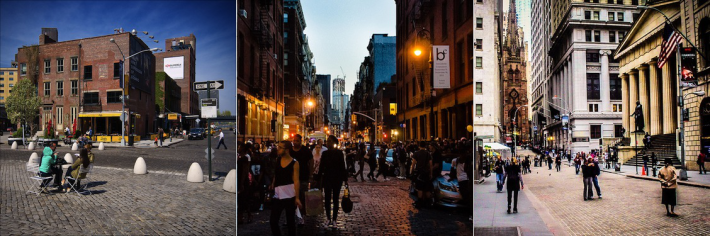 Many NYC streets are already variations on shared space, even if it's not yet part of DOT's standard toolbox. From left: Gansevoort Plaza, Greene Street, and Wall Street. Photos, from left: Stefan Klaas, Dan Nguyen, and Ricky Cain via Flickr