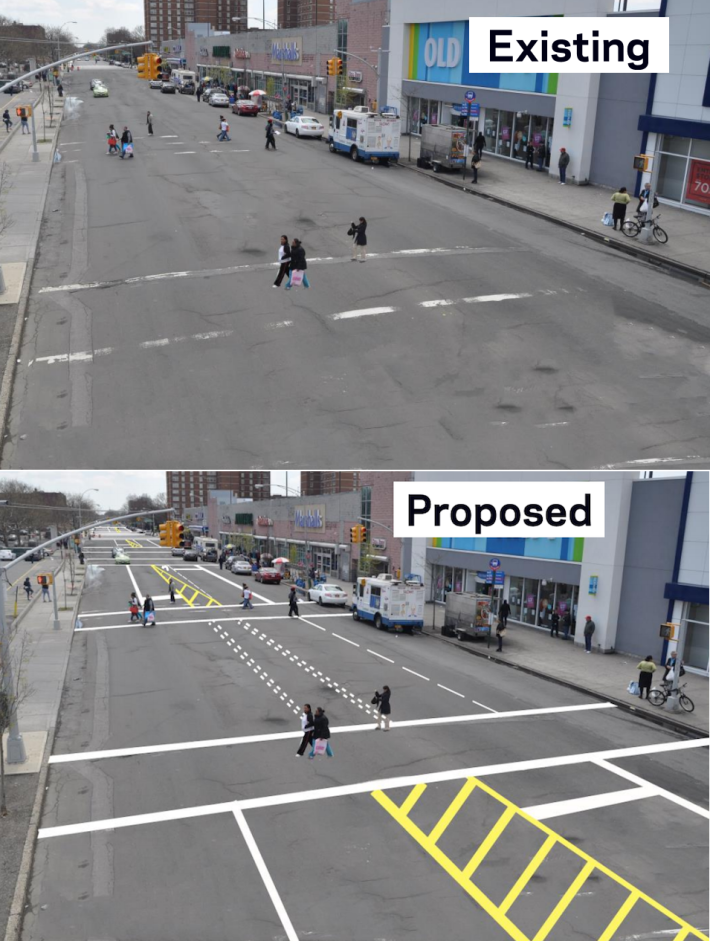 It's a start: A road diet would refresh painted markings and drop much of White Plains Road, shown here between Story and Lafayette Avenues, from four lanes to three. Image: DOT