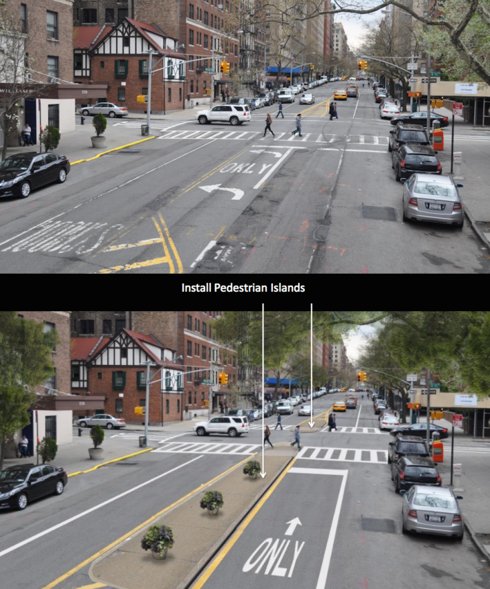 35 blocks of West End Avenue are slated for a road diet. Intersections that had pedestrian fatalities this year, like 95th Street, will receive refuge islands and turn bans. Other intersections will not. Image: DOT