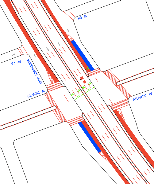 A 2009 plan from DOT suggested bus lanes and new islands for boarding in the existing Woodhaven Boulevard service roads. Image: DOT [PDF]