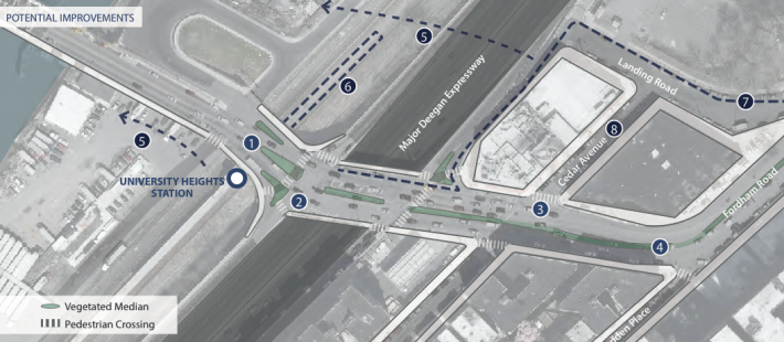 DCP has proposed pedestrian safety fixes near the University Heights Bridge to help improve access to an under-utilized Metro-North station. Image: DCP