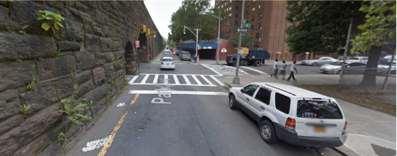 Cyclists on Park Avenue are sandwiched between the viaduct and parked cars while contending with moving vehicles and intersections with limited visibility. Image: Google Maps