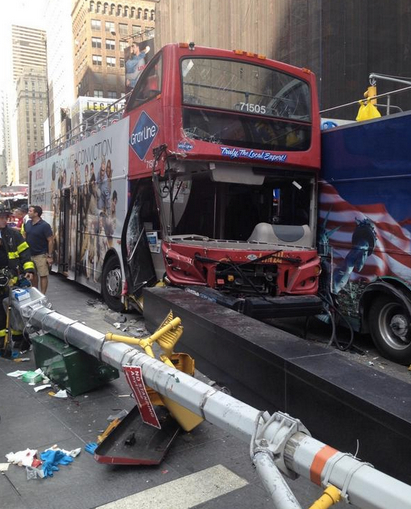 Times Square: A tour bus driver hit an SUV and another sightseeing bus, then drove onto the sidewalk, toppling a light pole. Eighteen people were injured. No charges were filed. Photo: ##https://twitter.com/FDNY/status/496750617613066240##@FDNY##