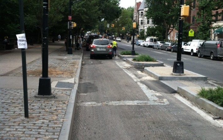 During repaving, the Prospect Park West bike lane has been removed and replaced with parking. Photo: @NoBikeLane/Twitter