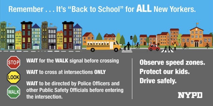 The messages for kids are a bit less complex, focusing on obeying traffic signals and crossing at the intersections. Image: NYPD