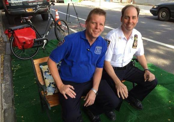 Community Affairs Officer Brian Laffey, left, and Captain Frank DiGiacomo, commanding officer of the 78th Precinct, enjoy Park(ing) Day in Park Slope. Photo: Eric McClure