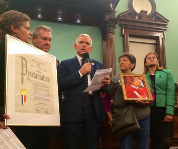 Council Member Jimmy Van Bramer speaks while honoring the work of Make Queens Safer before the City Council passed a bill creating civil penalties for hit-and-run crashes. Photo: JimmyVanBramer/Twitter