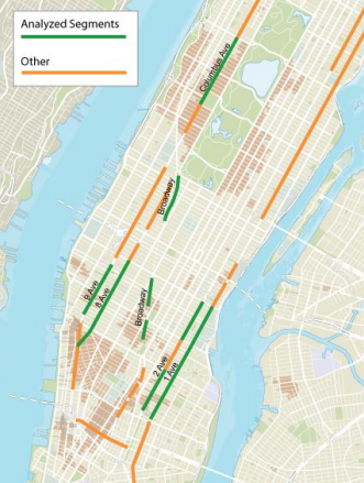 Segments of protected bike lanes in green had six years of before-and-after data for the study. Image: DOT