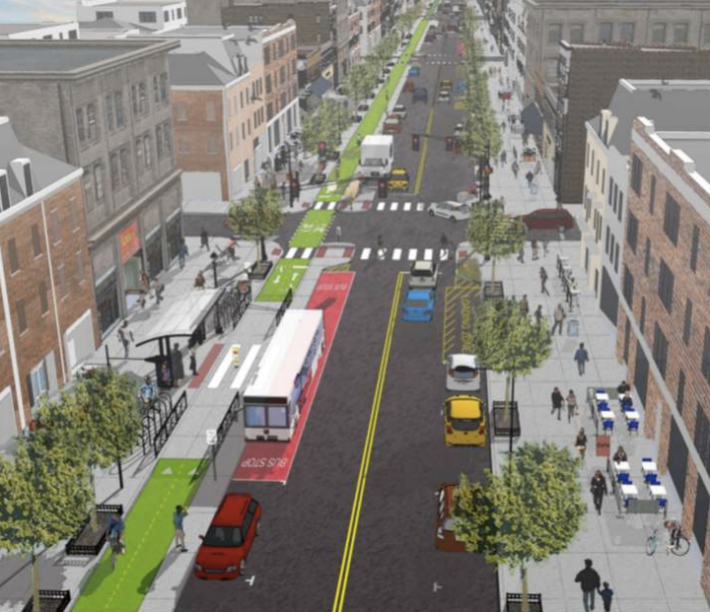 Washington Street in Hoboken will feature a protected bike lane and expanded pedestrian space under a plan released this week. Image: The RBA Group