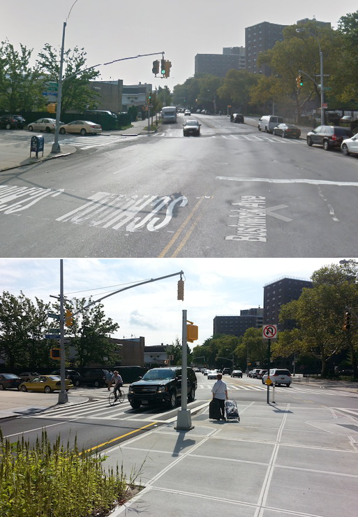 Bushwick Avenue used to widen at Seigel Street, making it difficult to cross. Now, there is a super-sized pedestrian island giving safer passage between a school and a library. Photos: Google Maps (above), Stephen Miller (below)