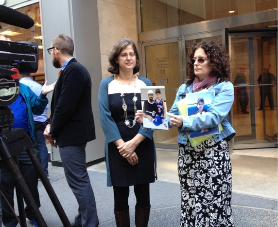 Dana Lerner, Cooper Stock's mother, before today's TLC hearing, with City Council Member Helen Rosenthal at left. Photo: Brad Aaron