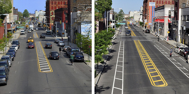 Flushing Avenue before and after the installation of buffered bike lanes. Photos: NYC DOT