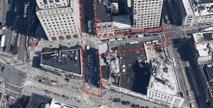 Three blocks, one on Willoughby Street and two on Pearl Street, could become shared space. Photo: Google Earth