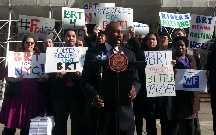 Council Member Donovan Richards calls for center-running Bus Rapid Transit on Woodhaven and Cross Bay Boulevards at City Hall this morning. Photo: Stephen Miller
