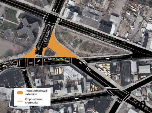 DCP is recommending expanded pedestrian space and redesigned streets at complex intersections like the one of Vernon Boulevard, Main Avenue, and 8th Street.