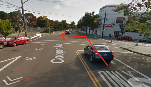 Martin Srodin, whose path is indicated in white, was killed by a trucker making a left turn in Glendale this morning. Semi truck drivers have killed at least eight NYC pedestrians since January 2012. Image: Google Maps