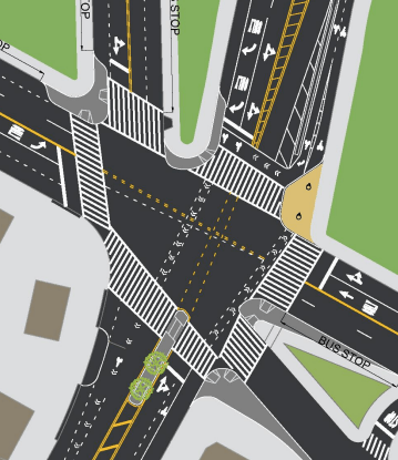 The plan will add four curb extensions and one pedestrian island to the Manhattan side of the 155th Street Bridge. Image: DOT [PDF[