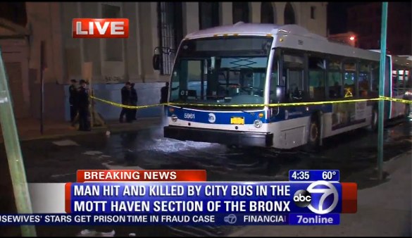 Responders wash down a Bx15 bus after the driver struck and killed a pedestrian at Willis Avenue and East 147th Street in Mott Haven early this morning. Reports say the victim, walking with a cane, was in the crosswalk, and was dragged down the block. Hours after the crash, NYPD told the media that no criminality was suspected. Image: WABC