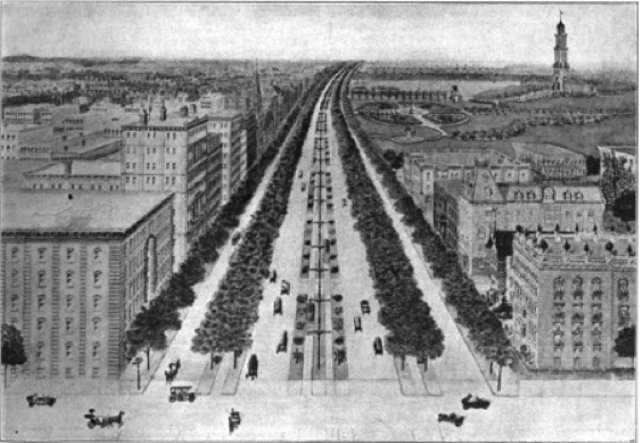 Transforming Queens Boulevard into a street worthy of its grand name isn't a new idea. The Queens Chamber of Commerce suggested it as far back as 1914. Image: Good Roads magazine via CoLab Radio