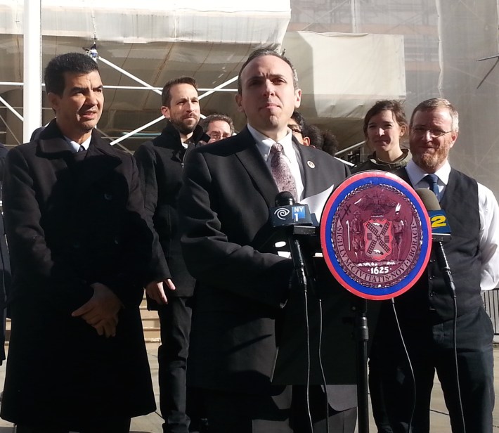 With friends like these: Council Member Mark Treyger holds a press conference to tell the media that his texting-while-biking bill is part of Vision Zero. Photo: Stephen Miller