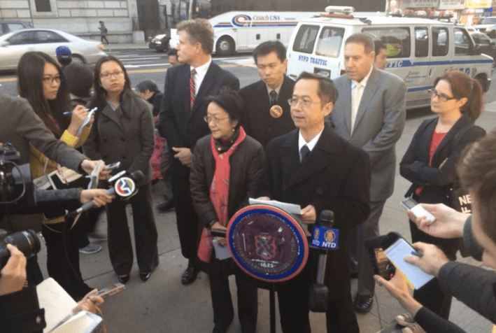 Michael Cheung speaks about his mother, who was killed in a Canal Street crosswalk by a driver last month. No charges have been filed against the driver. Photo: Margaret Chin/Twitter