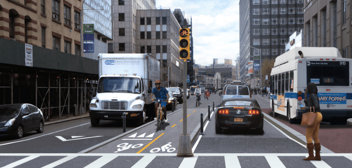 A two-way, center-running bikeway and a bus lane would be added to Jay Street south of Tillary Street under a concept suggested by Transportation Alternatives. Image: Street Plans Collaborative for Transportation Alternatives