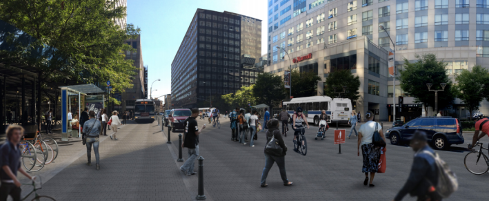 A shared space design would give pedestrians priority on Jay Street near MetroTech. Image: Street Plans Collaborative for Transportation Alternatives