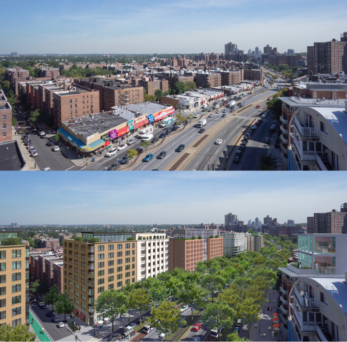A safer Queens Boulevard isn't just about tweaks at the intersections. It's about making it a place where people want to walk. Images: Massengale & Co LLC and Urban Advantage for Transportation Alternatives